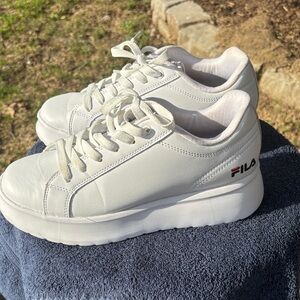Fila White Platform Lace-Up Sneakers with Subtle Black & Red Logo